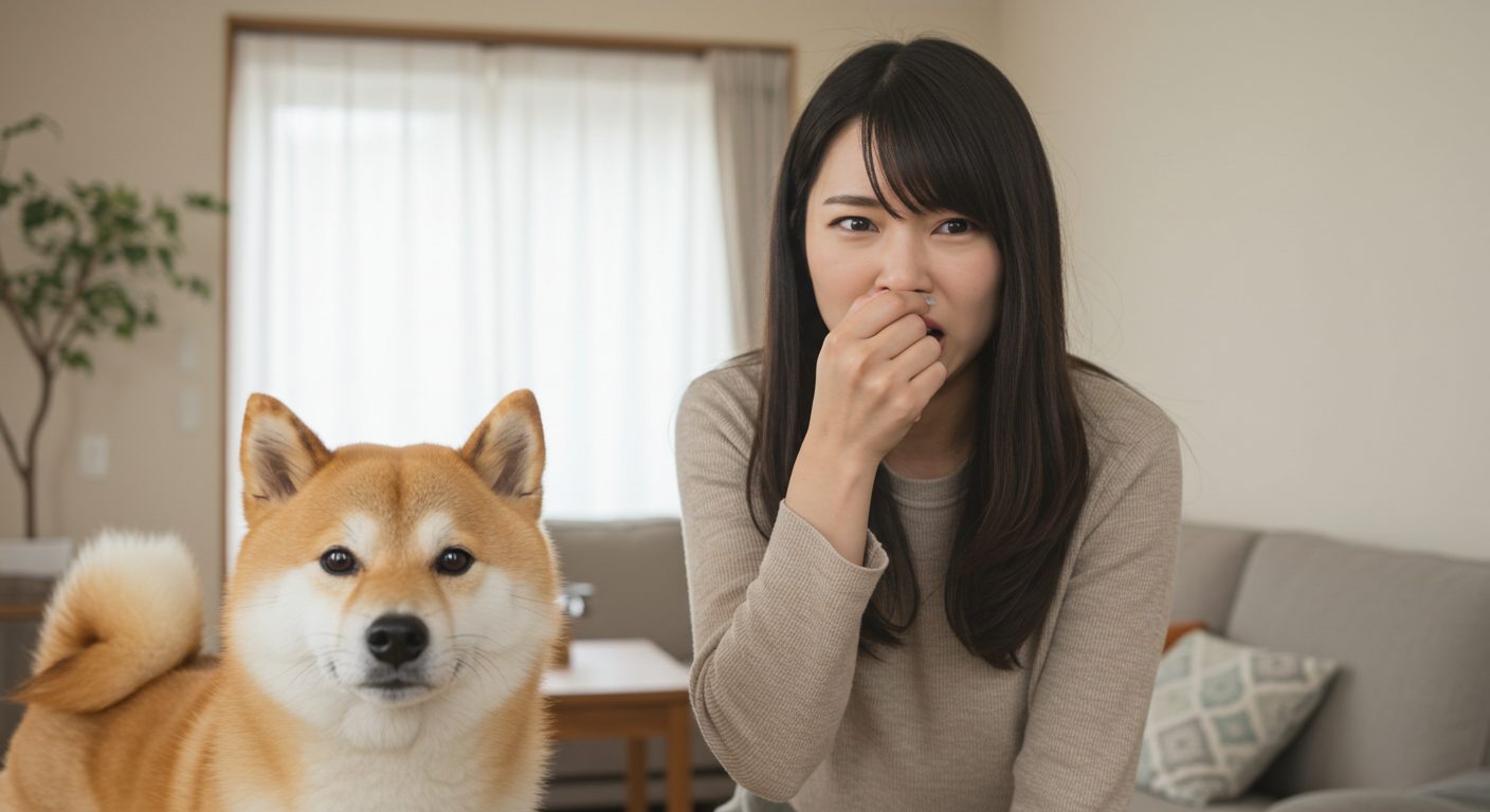 柴犬がおならをして、薄茶色の服を着た飼い主の女性が鼻をつまんでいる