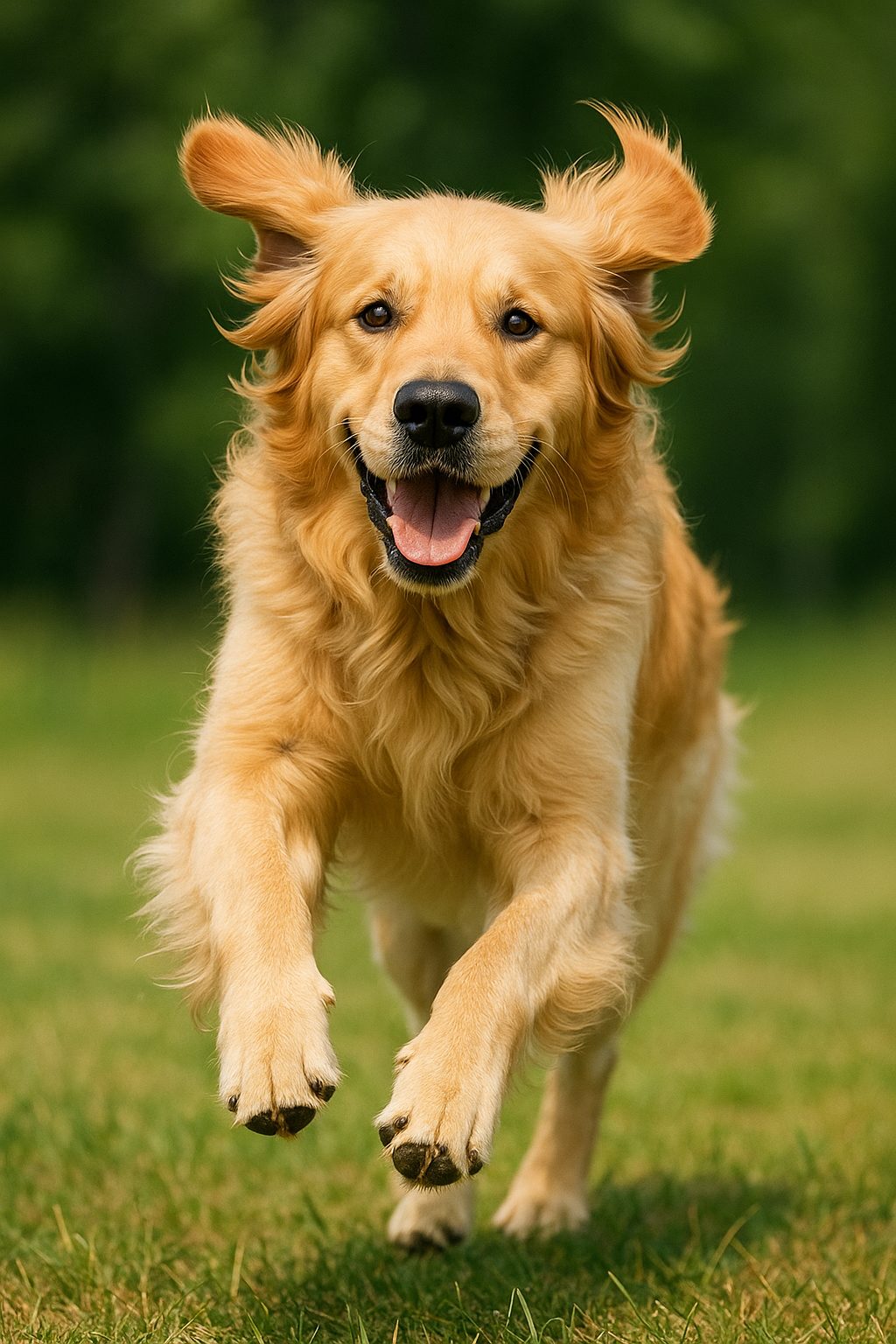 茶色いゴールデンレトリバーが芝生を走っている