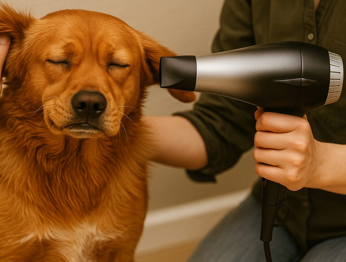 犬がドライヤーを当てられて気持ちよさそうに目を瞑っている