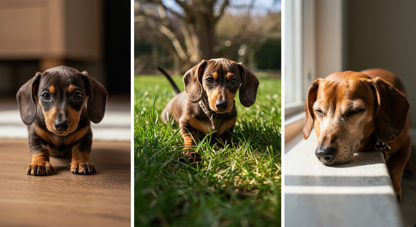 3枚の犬の写真、左から室内にいるミニチュアダックス、中央が芝生の上にいるミニチュアダックス、右は垂れ耳の少し大きい茶色い犬が窓際で寝ている