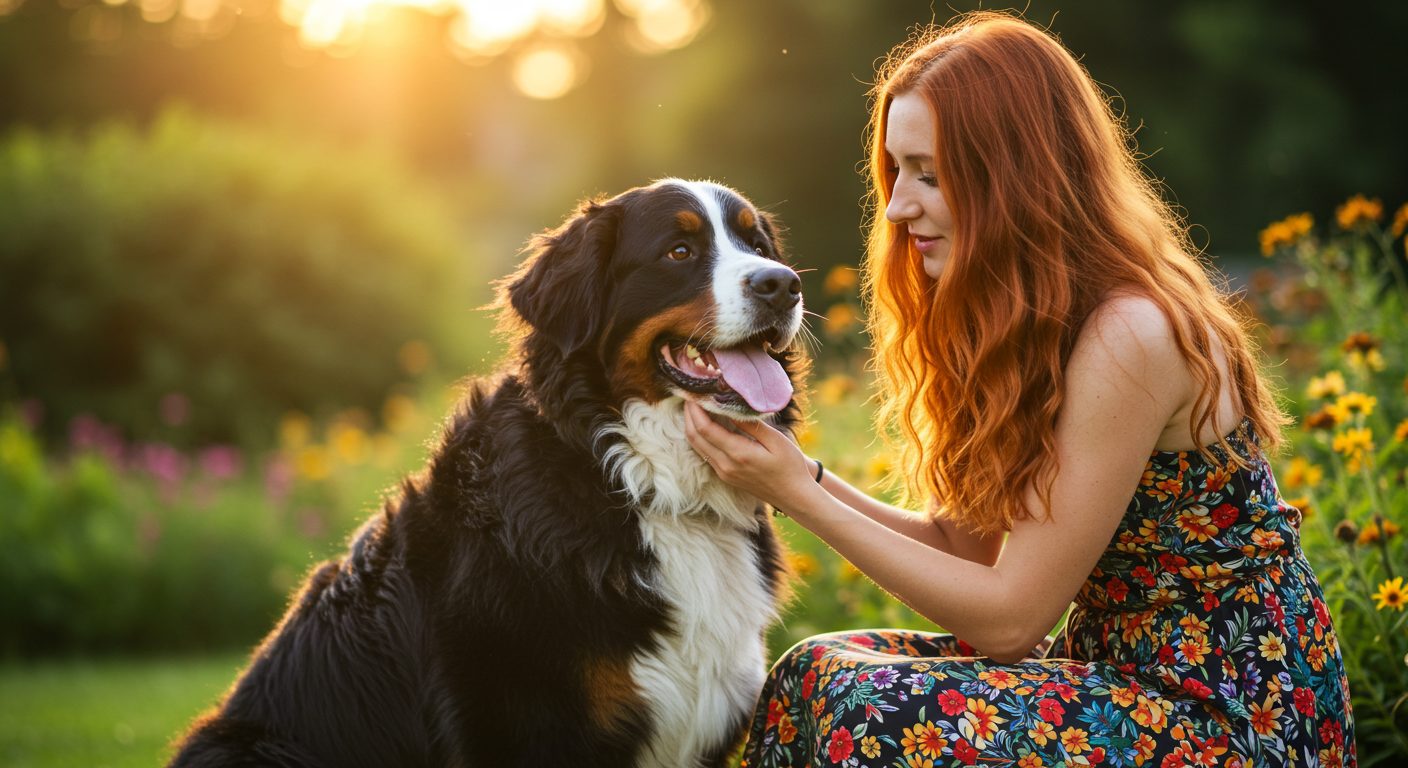 バーニングマウンテンドッグが赤いロングヘアの女性に顎下を撫でられて口を開けている