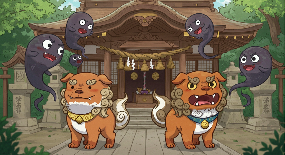 狛犬が黒いおばけに威嚇しているイラスト