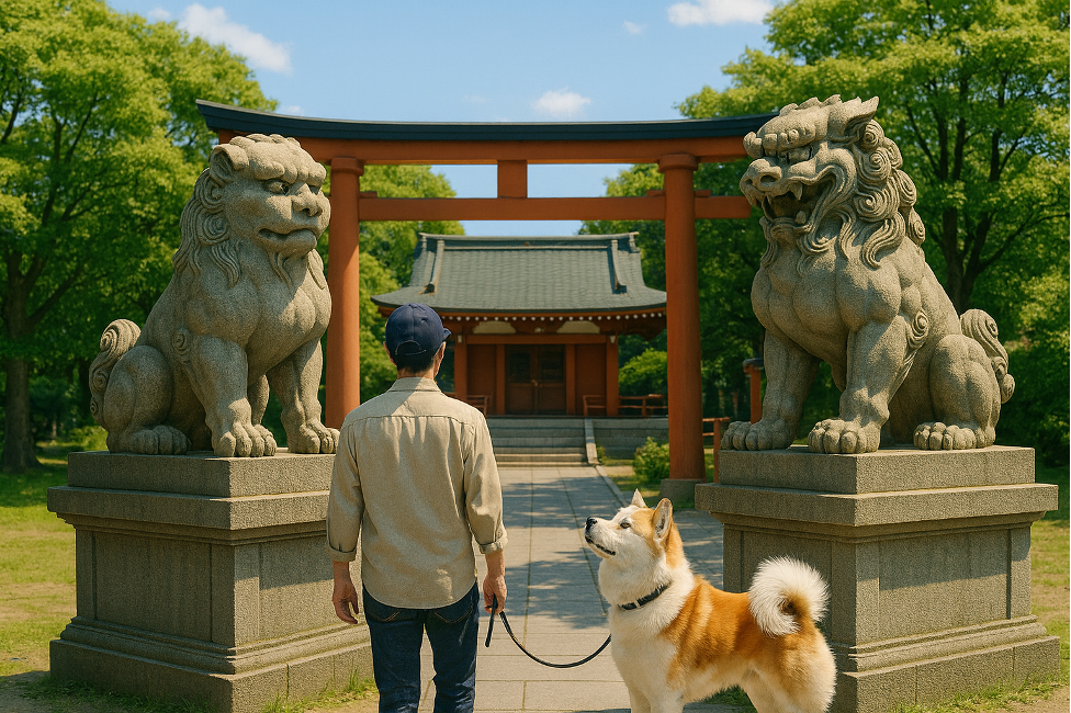 大きな狛犬の前にいる、犬の散歩をする男性の後ろ姿