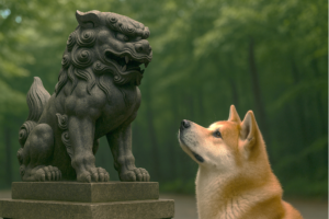 狛犬の雑を見つめる柴犬