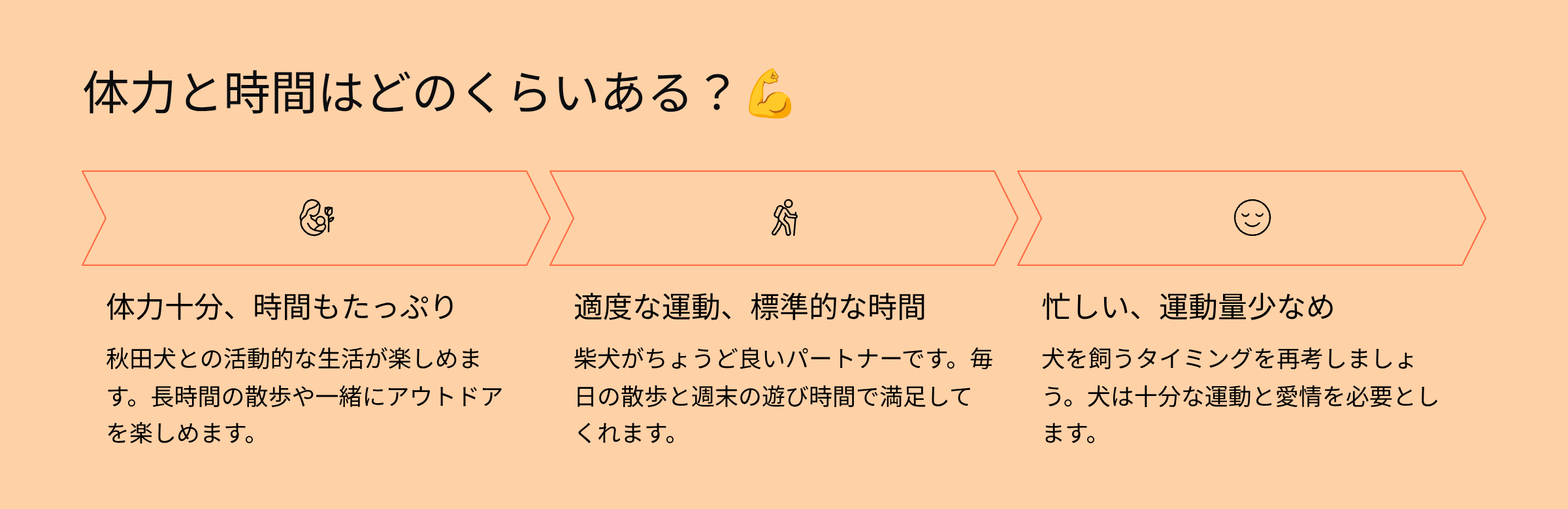 秋田犬と柴犬の適性フローチャート、体力と時間編