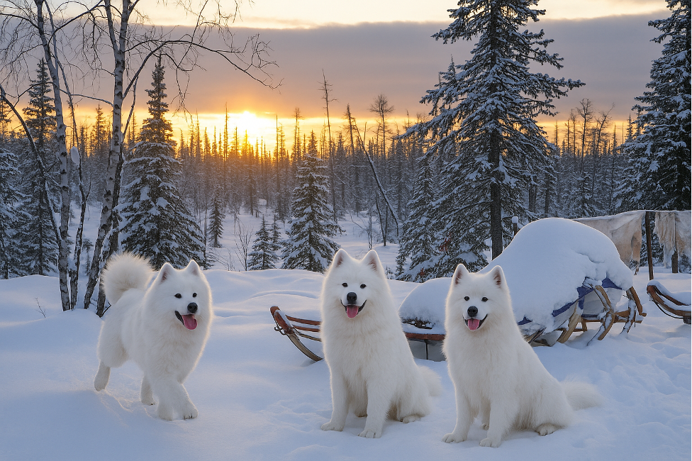 夕日の見える時間に雪の森の中にいる３頭のサモエド