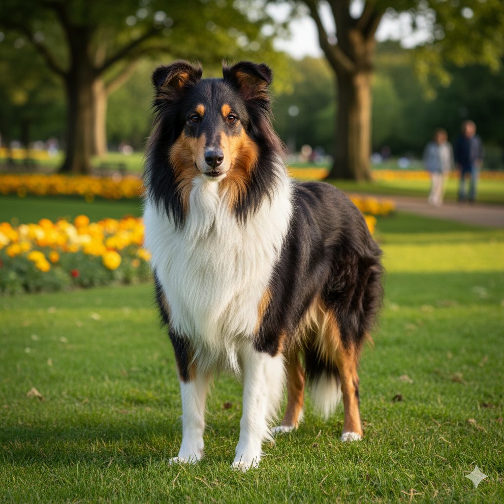 黒、オレンジ、白のトライカラーのラフコリーの画像