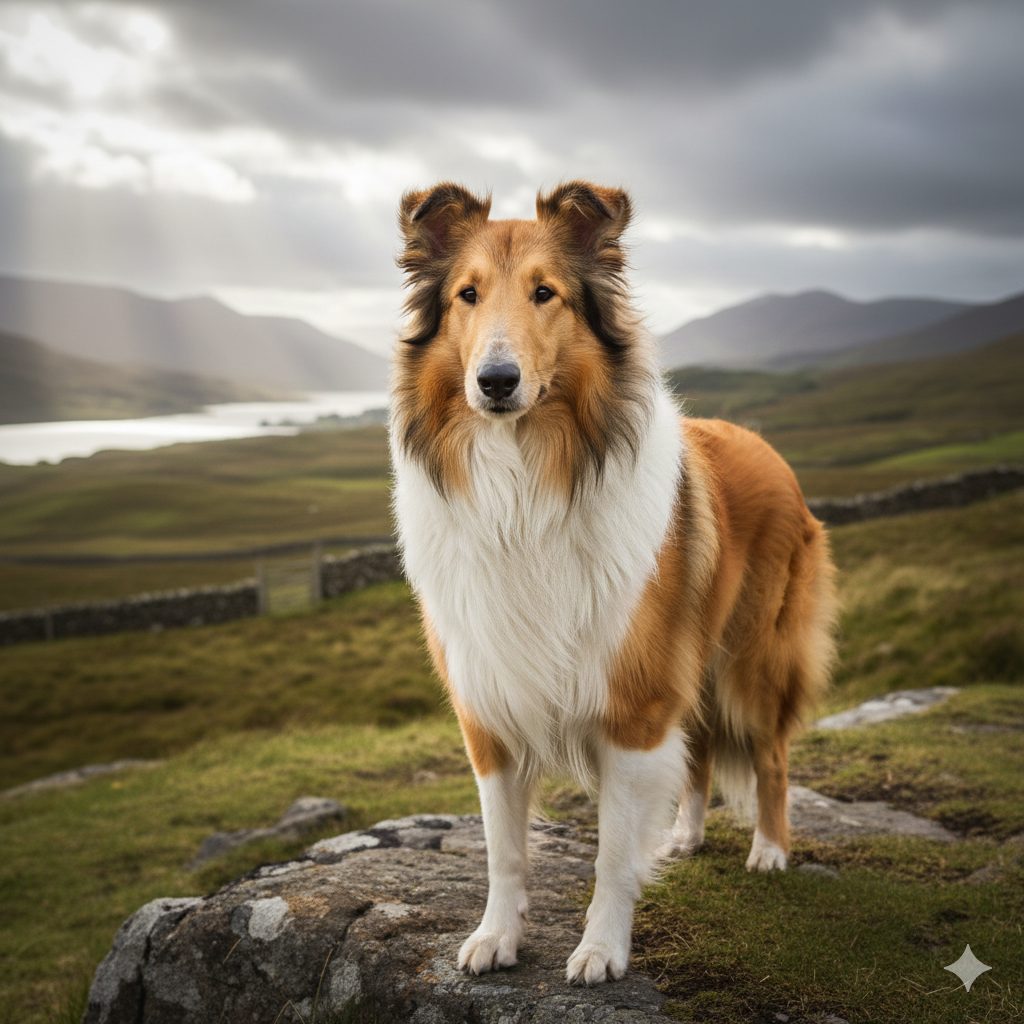 崖の上に立ちこちらを見つめるコリーの画像