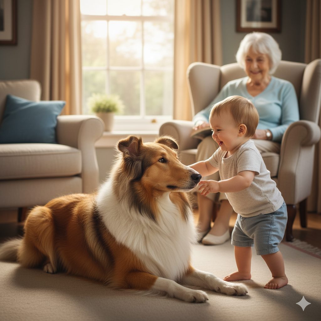子供と一緒に遊ぶラフコリーをおばあちゃんが眺めている