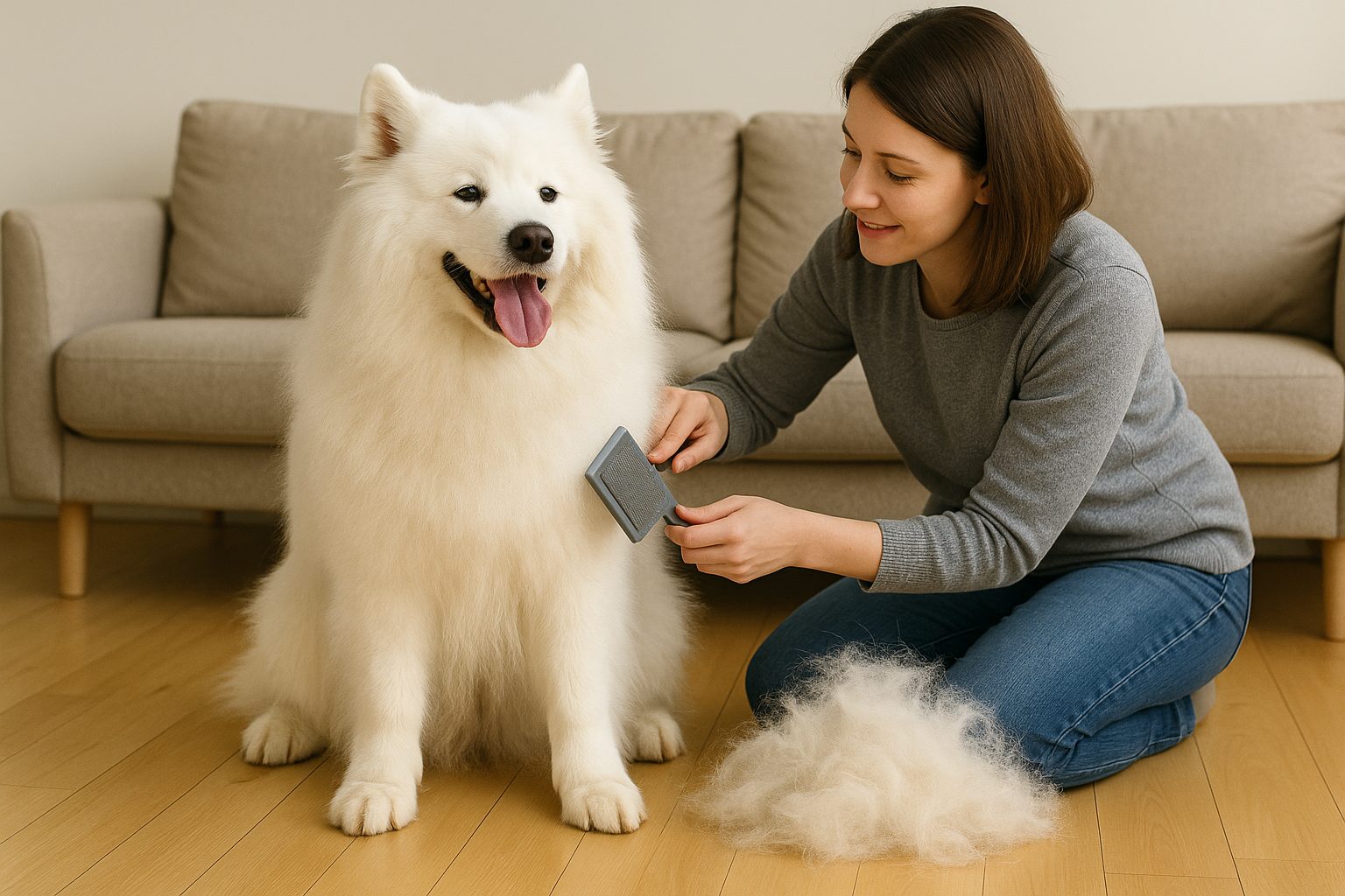 大量の毛を横に置き、女性に大人しくブラッシングされるサモエド