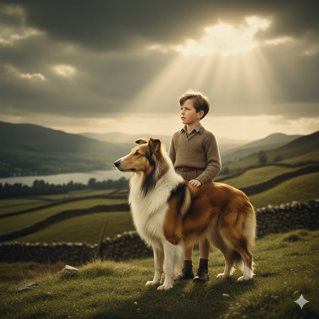 「名犬ラッシー」のイメージ画像。少年ジョーとコリー犬のラッシーが夕日の当たる丘で前を見つめている