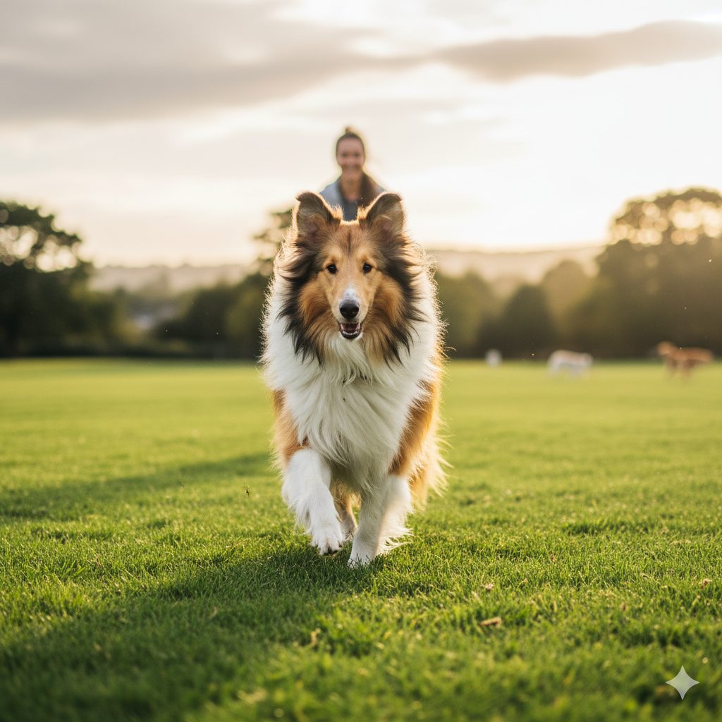 飼い主の女性と遊ぶラフコリー