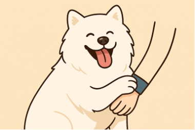 笑顔で人の手の上に前足を置くサモエドのイラスト