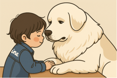 慈愛の表情で子どもを見つめ寄り添うグレートピレニーズのイラスト