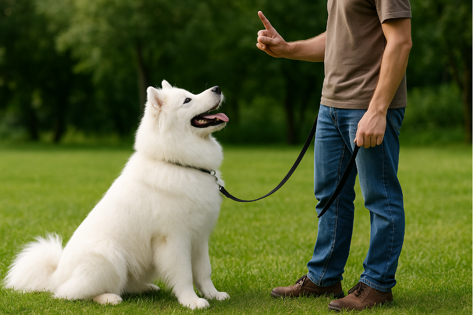 人差し指を立てた人とそれを見つめてお座りの姿勢で待つサモエド
