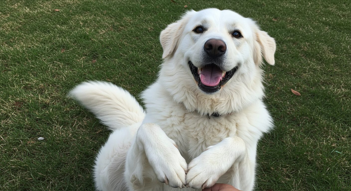 白い大型犬が、幸せそうにこちらを見て両足を上げている