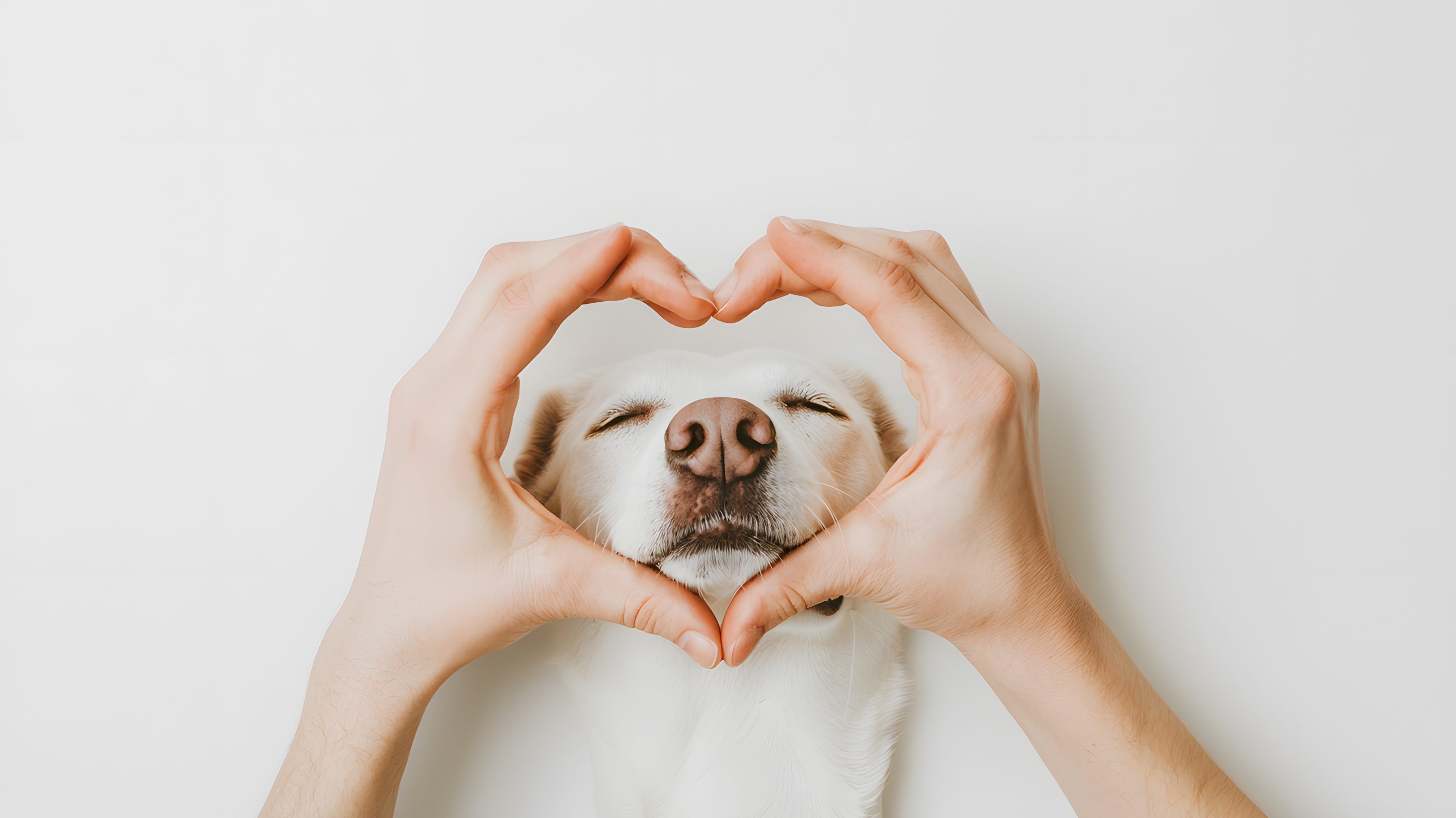 白い大型犬の顔にハートをはめ込んでいる