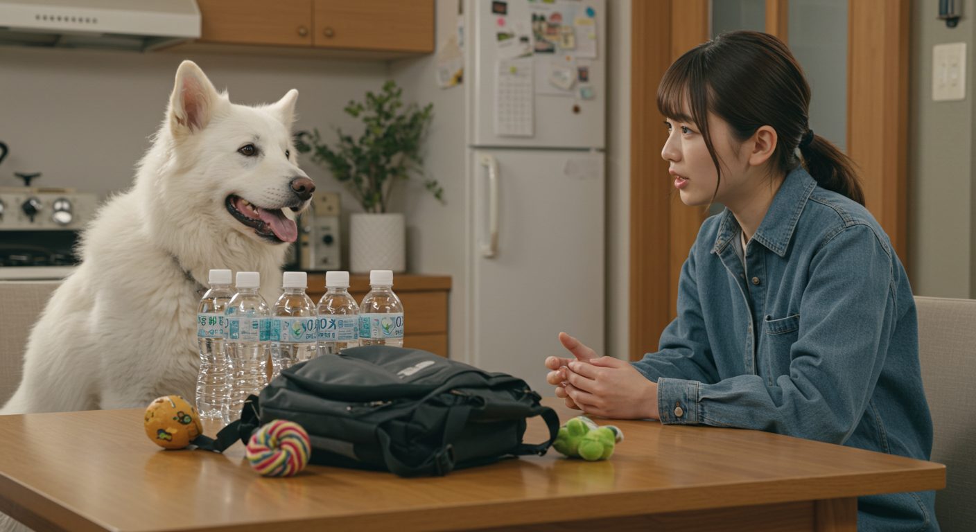 大きな白い犬が飼い主の女性と災害時の避難について話し合っている