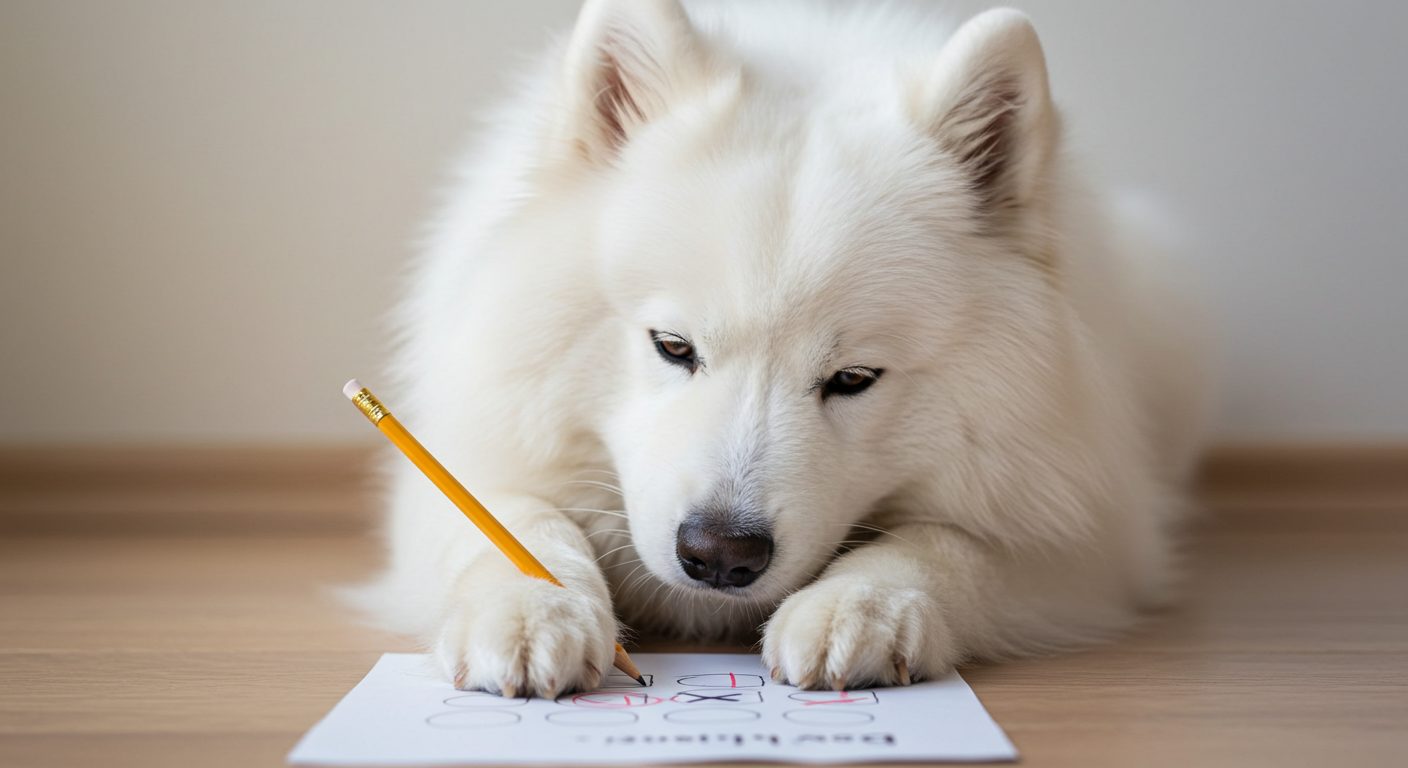 白い犬が鉛筆を持ってアンケートに答えている。