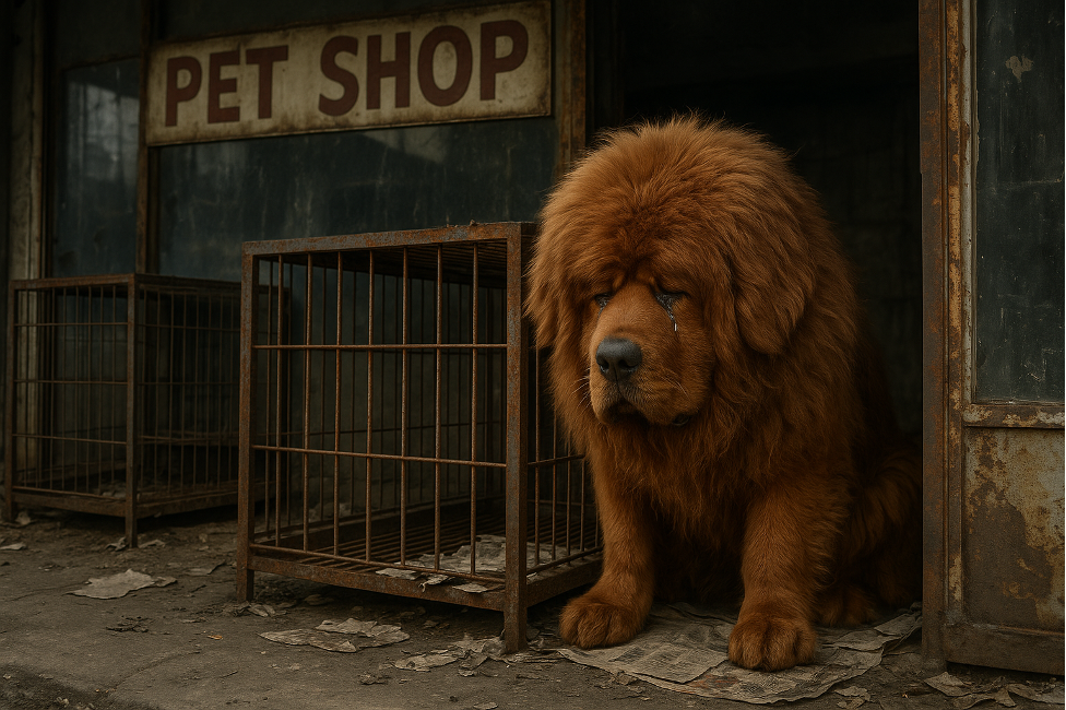 さびれたペットショップで売れ残ってしまった茶色のチベタンマスティフが悲しんでいる様子。