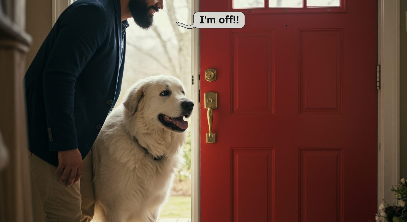 これから出かけるよ、と飼い犬に告げるひげを生やした飼い主