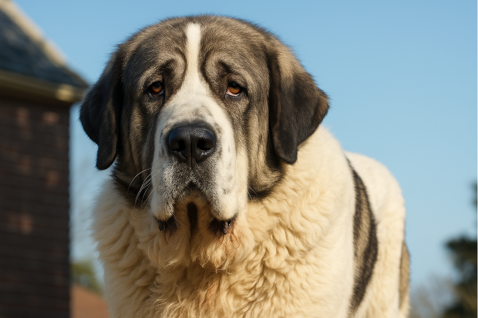 青空の下で黒と白のピレニアンマスティフが静かにこちらを見つめている様子。