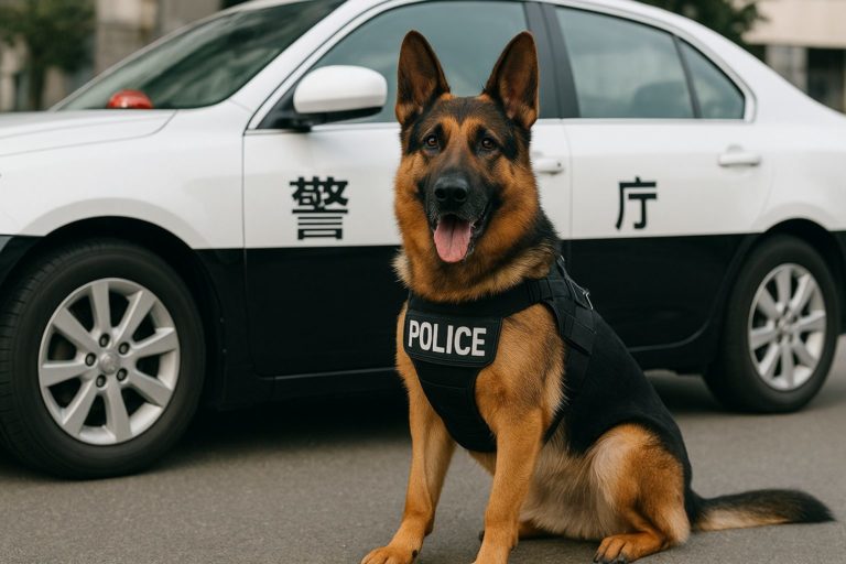 パトカーの前に座る警察犬