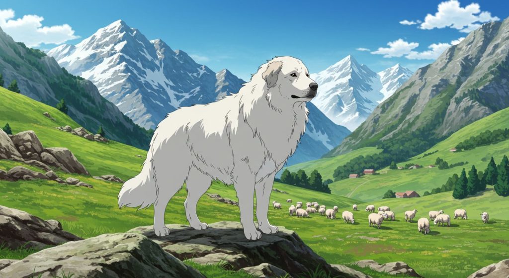 ピレネー山脈をバックに、岩の上でただ図んでいるグレートピレニーズのAIイラスト。