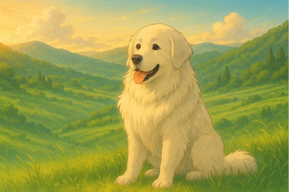 グレートピレニーズがAIで作成した大自然の中で舌を出しながら笑顔でお座りしているイラスト。