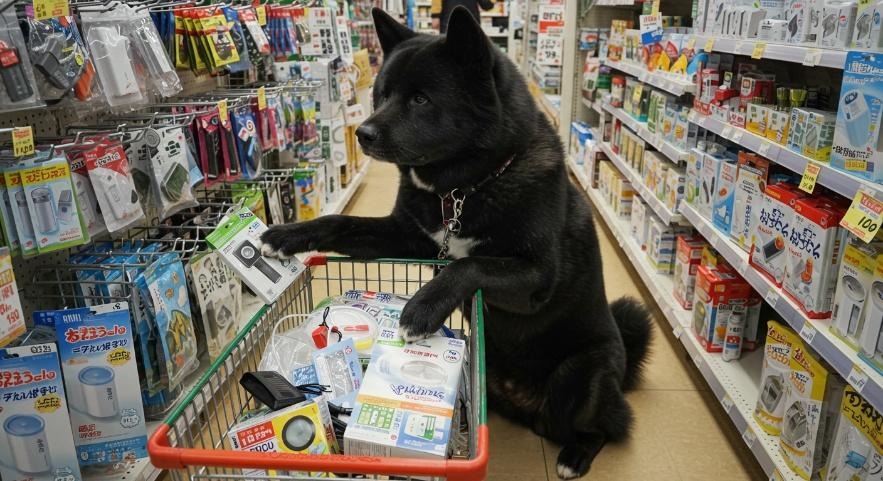 黒い犬が百円ショップで防災グッズを購入している