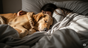 茶色の毛並みの大型犬が女性と白いベッドで寝ている様子。