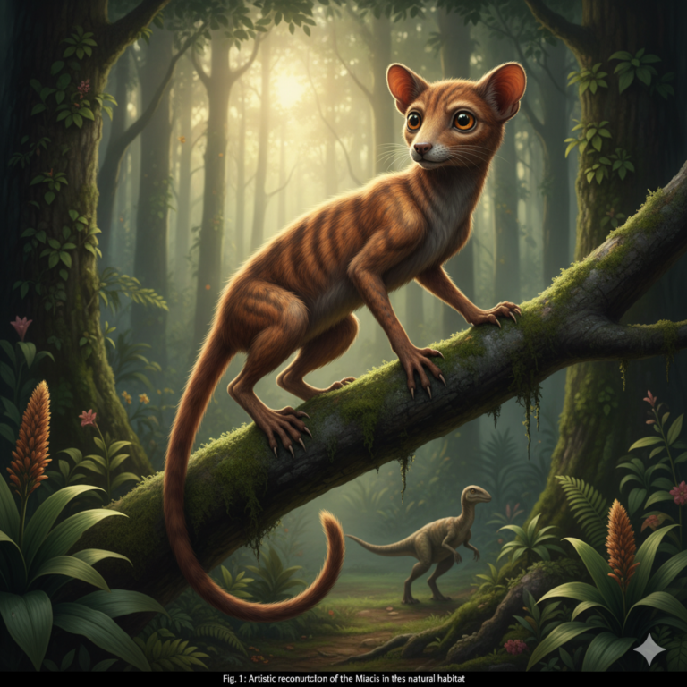 ジャングルの倒木の上にいる茶色の体に黒い縞模様があるミアキスのAI画像。