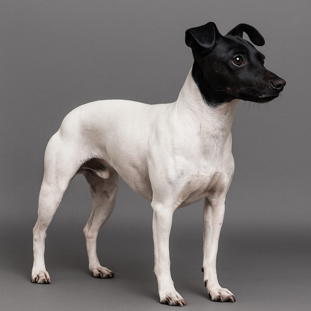 モノクロの背景の空間で立っている、顔は真っ黒、他は真っ白の毛並みを持つ日本テリア。