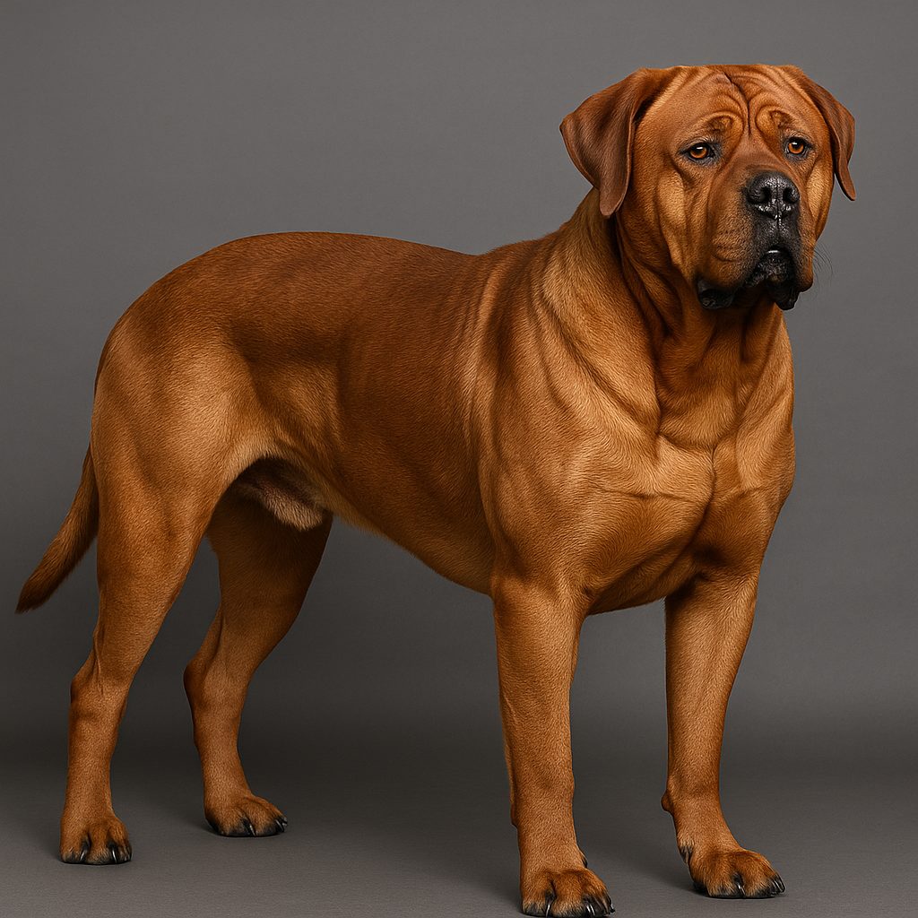 モノクロの背景の空間で立っている皮膚が少したるんだ茶褐色の土佐犬。