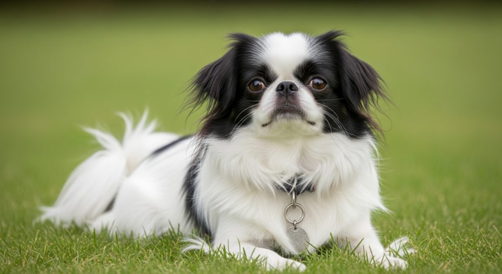 芝生の上で寝そべっている銀の首飾りをつけた白と黒の狆。