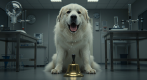 暗い実験室の中で床に置かれた金色のベルを前によだれをだらだら垂らしてお座りしている白の大型犬。