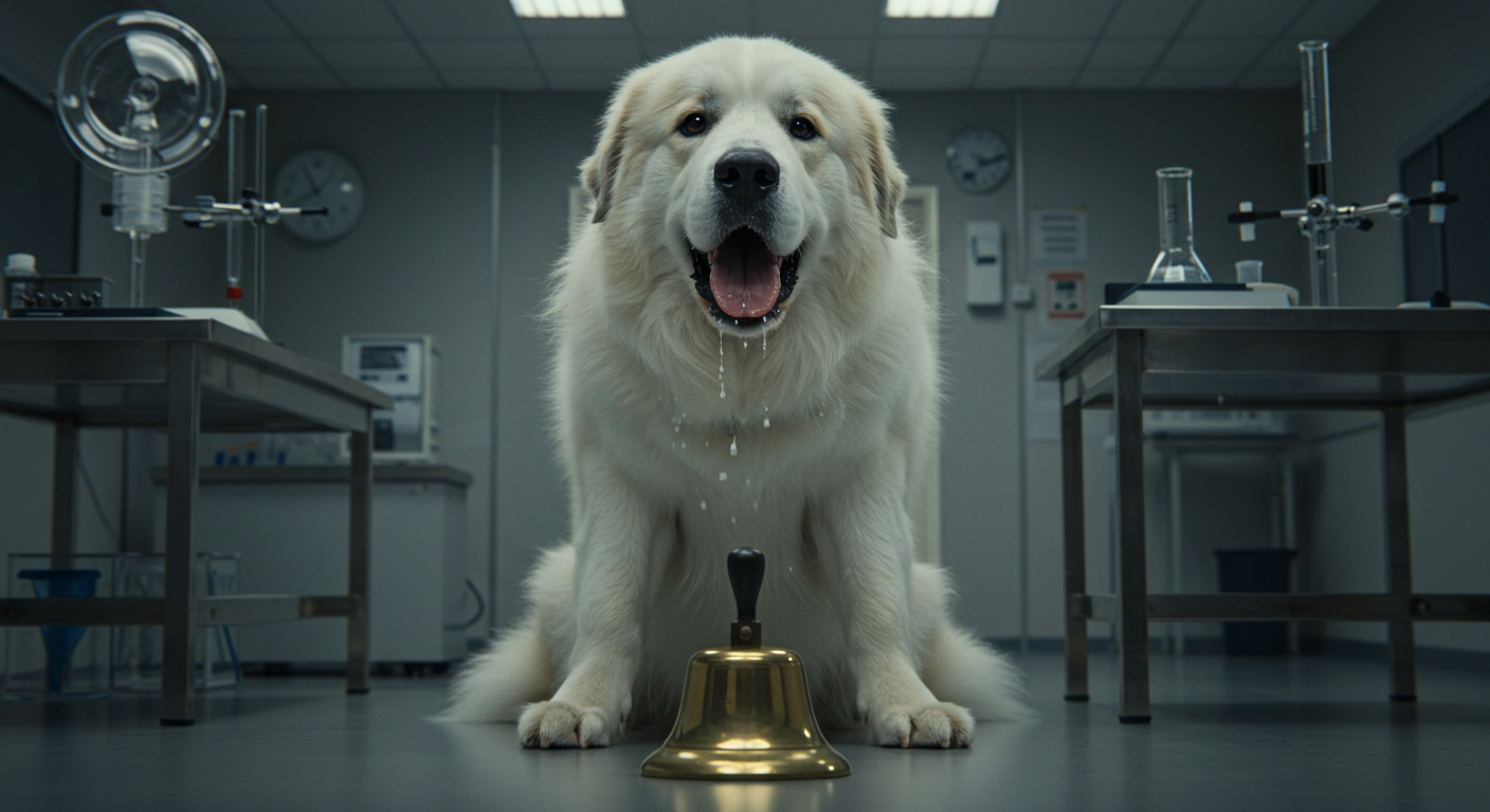 暗い実験室の中で床に置かれた金色のベルを前によだれをだらだら垂らしてお座りしている白の大型犬。
