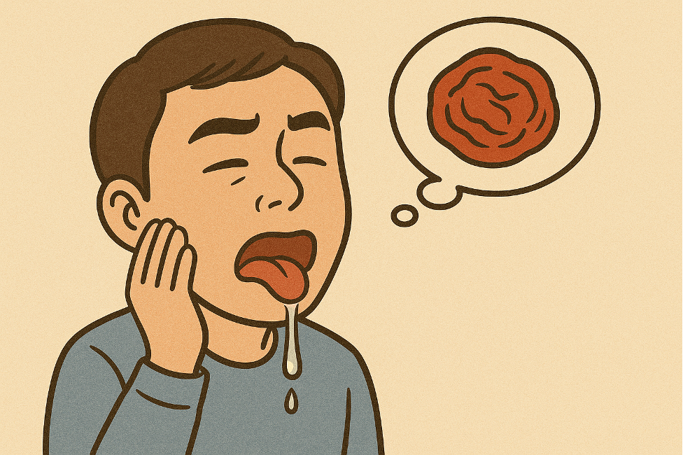 梅干しの味を想像して、右手でほほを抑えながら唾液を垂れ流している男性のイラスト。