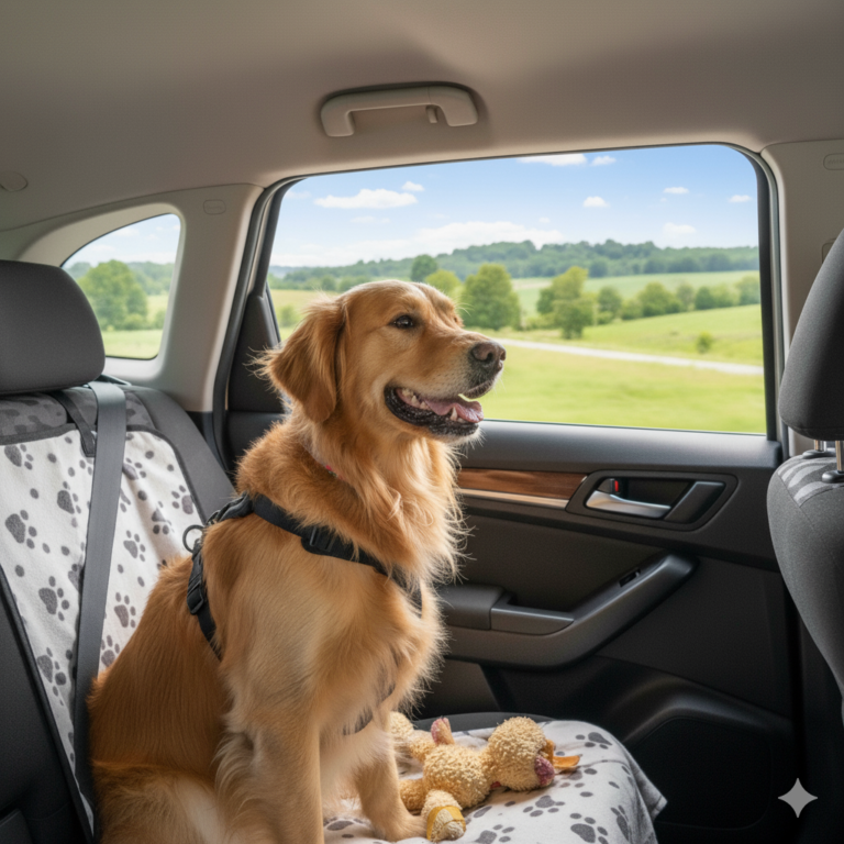 車の後部座席の上で口をあけながらお座りしている茶色の犬。