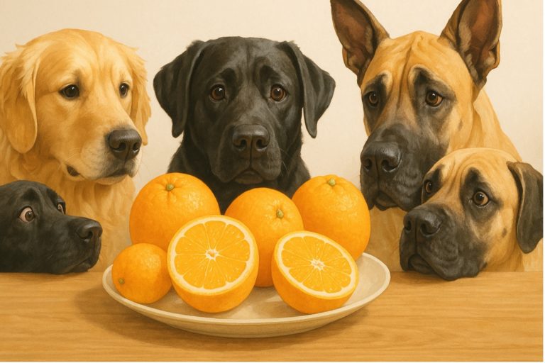 テーブルの上にあるたくさんのオレンジを見つめる大型犬５頭
