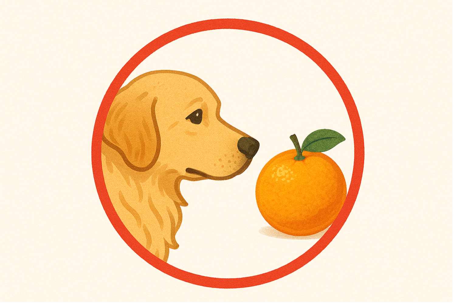 赤い丸の中に犬とオレンジが描かれているイラスト