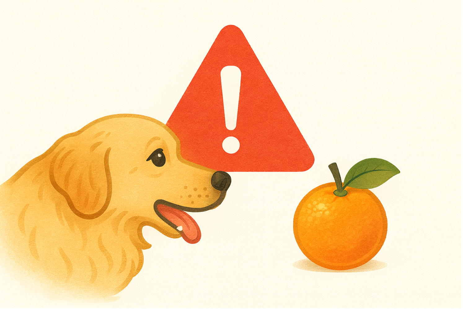 大型犬とオレンジの間に注意マークのあるイラスト