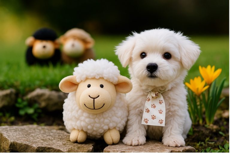 羊のぬいぐるみと白くて小さな愛らしい犬が並んでいる