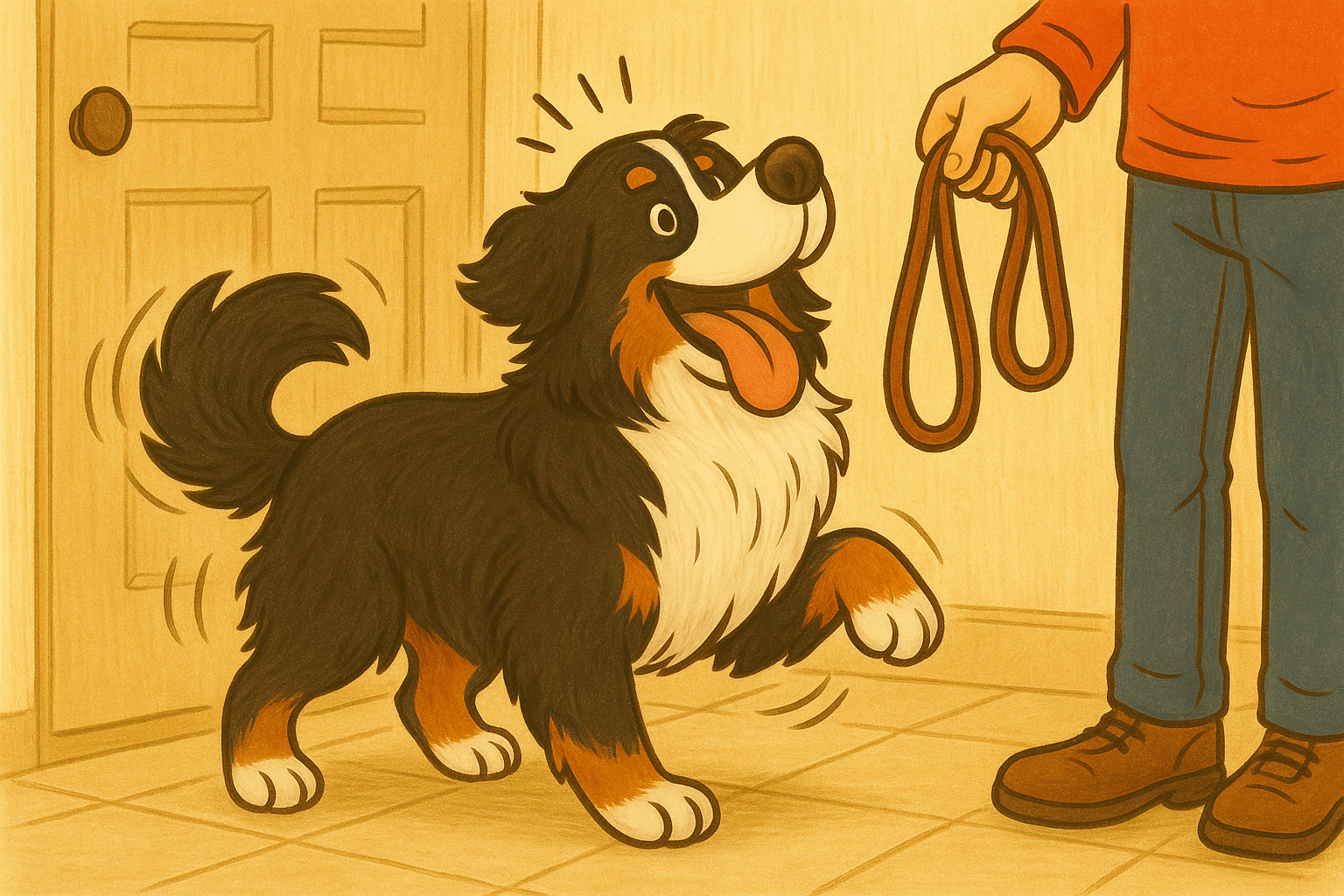 飼い主がリードを持ってきてくれたので散歩に行けると思って喜んでいる犬のイラスト。